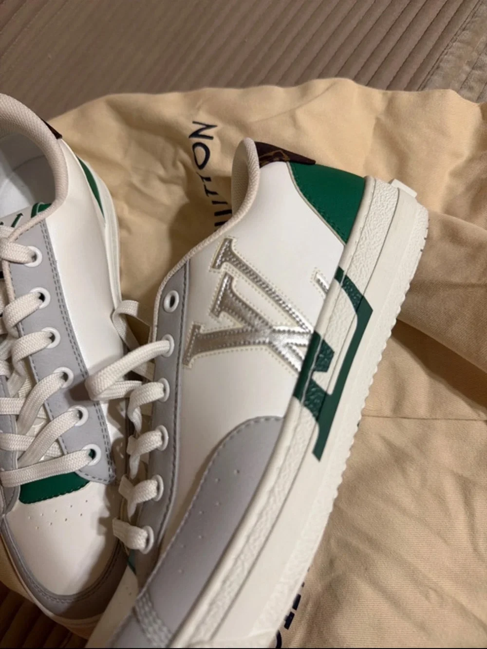 Louis Vuitton White Gray and Green Low-Top Athletic Sneakers